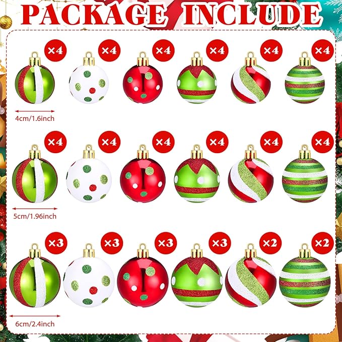 64 Pcs Christmas Ball Ornaments Lime Green Red Christmas Ornament Plastic Christmas Tree Decoration Assorted Size Dot Stripe Christmas Ornament for Tree Home Indoor Decor, 1.6/1.97/2.4 Inch