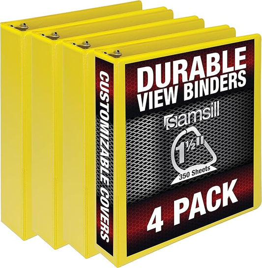Samsill Durable 1.5 inch 3 Ring Binder, Made in USA, D Ring Binder, FSC 100% Recycled Chipboard, Yellow, 4 Pack