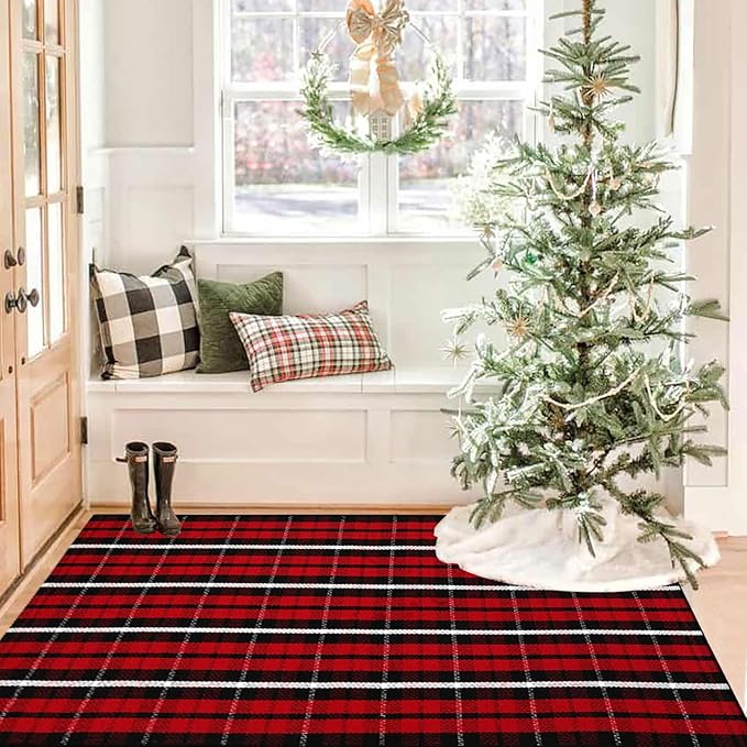 CAINANEL Buffalo Plaid Outdoor Rug Christmas Door Mat Christmas Decor Welcome Rug Cotton Hand-Woven Layered Door Mats for Front Porch, Kitchen, Farmhouse, Entryway (35.4''x59'', Red/Black/White)