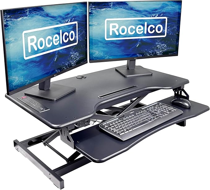 Rocelco 37.4" Electric Standing Desk Converter with AC USB Charger - Motorized Height Adjustable Sit Stand Up Dual Monitor Riser - Tabletop Computer Workstation - Large Keyboard Tray - Black (R EDRB2)