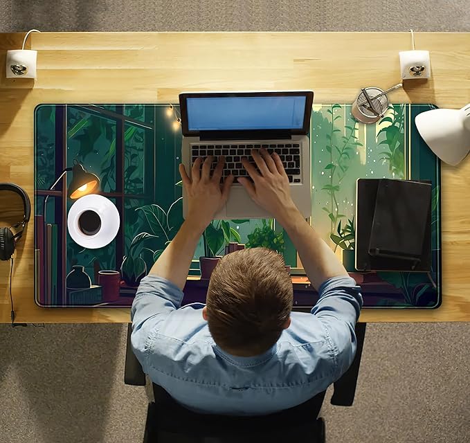 Cute Green Lofi Desk Mat Plants Mouse Pad Anime Forest Aesthetic Nature Desk Pad, XXL Large Gaming Extended Mousepad for PC Laptop Keyboard Mouse Mat Women Office Decor Girl Playmat 31.5x15.75 in