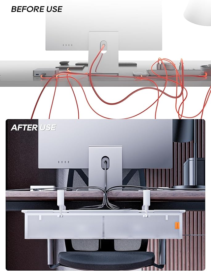 Under Desk Cable Management Tray No Drill, Cable Ties Included, Eco-Friendly Canvas Material, Mesh Design for Heat Dissipation, Cable Organizer/Storage for Standing Desk(27inch, White)