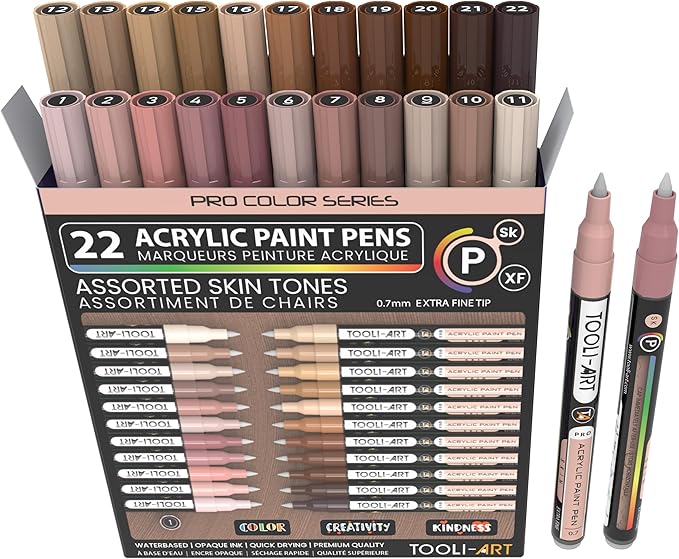Acrylic Paint Pens 22 Skin Tones Assorted Pro Color Series Markers Set 0.7mm Extra Fine Tip for Rock Painting, Glass, Mugs, Wood, Metal, Canvas, Projects, Non Toxic, Waterbased, Quick Drying