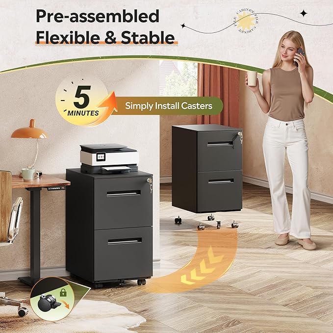 DEVAISE 2-Drawer Metal File Cabinet with Lock, Mobile Filing Cabinet Under Desk for Home Office, Fully Assembled Printer Stand fits F4/A4/Letter/Legal Size, Black, 20" D x 15" W x 27" H
