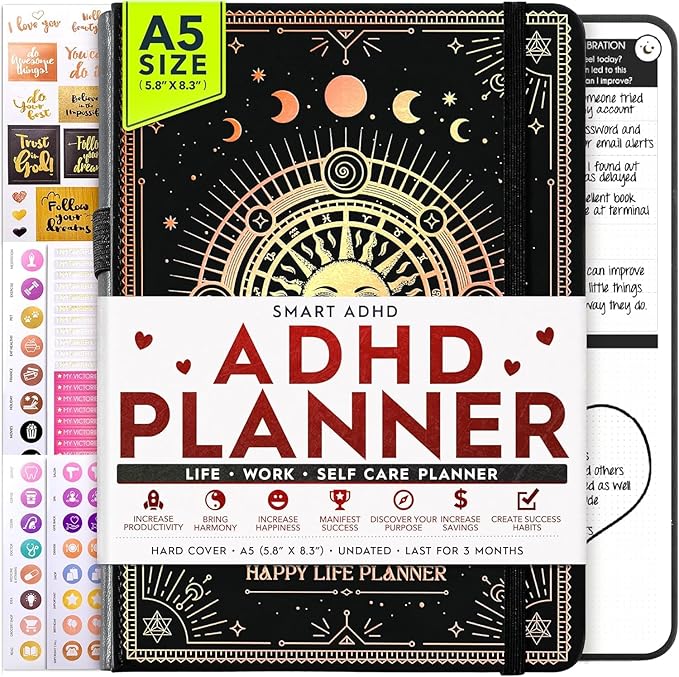 Adhd Daily Planner - A Self Care Personal Gratitude Journal to Increase Productivity and Success in Life & Work, Weekly & Monthly Undated Planner for Women and Men, Vision Board & Organizer + Stickers