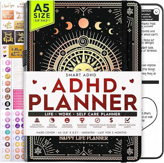 Adhd Daily Planner - A Self Care Personal Gratitude Journal to Increase Productivity and Success in Life & Work, Weekly & Monthly Undated Planner for Women and Men, Vision Board & Organizer + Stickers