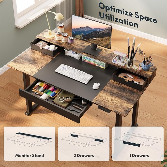 SANODESK Electric Standing Desk with Drawers, 63 x 32 inch Height Adjustable Computer Desk, Home Office Stand Up Desk with 3 Preset Heights, Black
