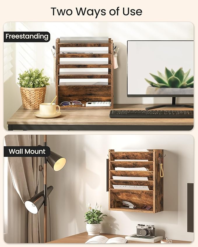 Wall File Organizer, 6-Tier Vertical Mount Hanging Holder with 2 Side Hooks, Vintage Wooden Magazine Storage Crate with Bottom Flat Tray, Desk Organizer, for Office, Home, Rustic Brown MWJ01FG