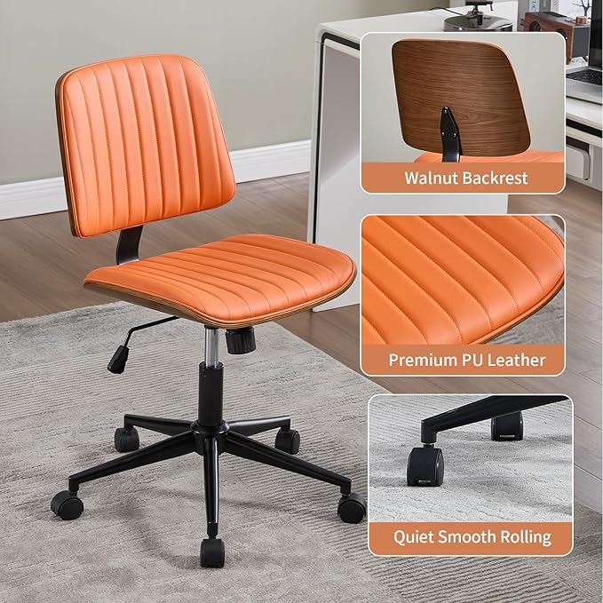 Small Home Office Chair - Armless Mid Back Desk Chair with 360° Swivel and Wheels, PU Upholstered Height Adjustable Modern Walnut Computer Chair for Home, Office Meeting Room - Orange