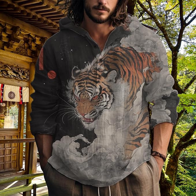 MARSVOVO Hooded Long Sleeve Shirt Men Fashion Graphic Button Up Lightweight Big and Tall Casual Vacation Shirts for Men