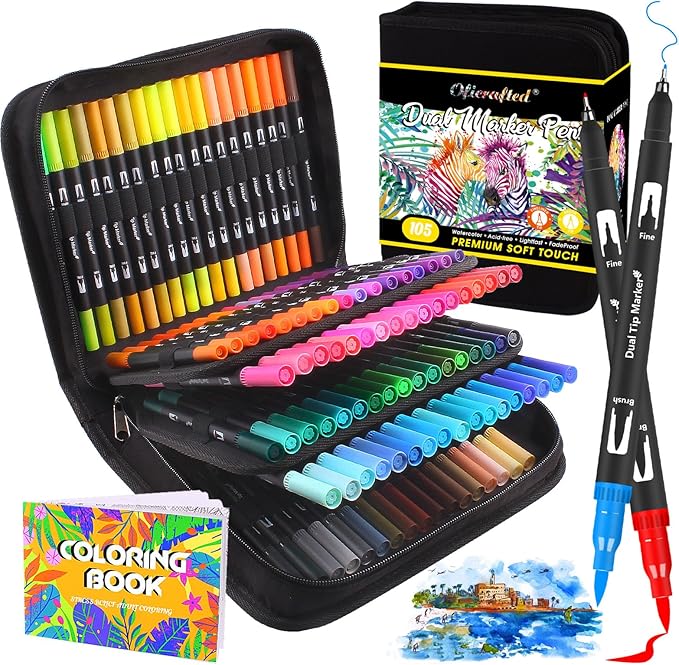 Brush Pens, 105 Colors Dual Tip Markers for Adult Coloring Books, Note Taking and Lettering