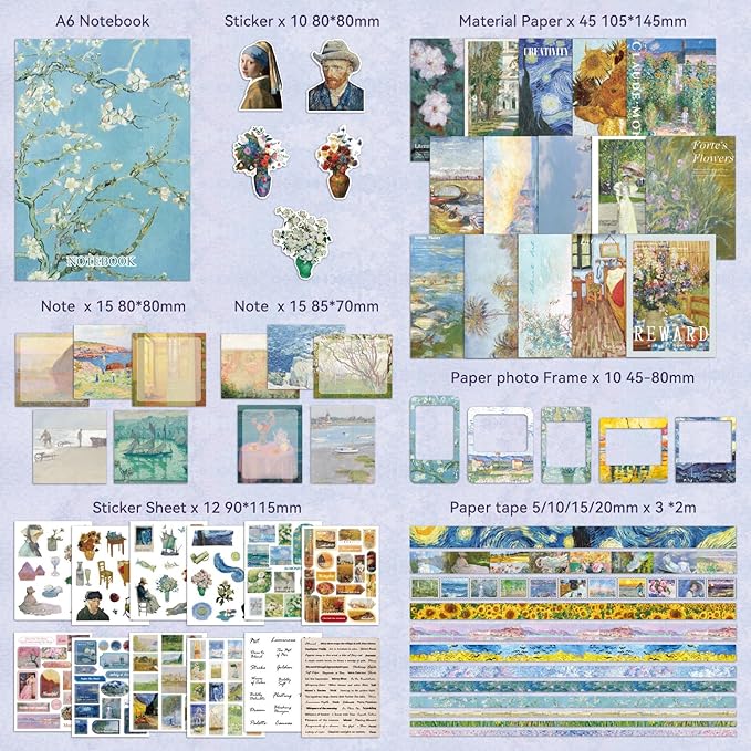 Scrapbooking Supplies Kit, Monet Van Gogh Oil Painting Theme Scrapbook Kit for Bullet Junk Journal, 12 Rolls Washi Tape, Stickers Papers for DIY Journaling Supplies, Craft Gift for Girl Kid Women