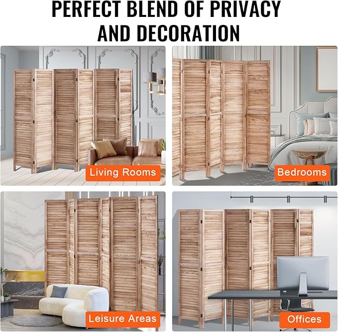 VEVOR Wood Room Divider, 6 Panel Wood Folding Privacy Screen, 66.9 Inches Tall Indoor Louvered Partition Divider, Portable Decoration Screen, for Room Separation, Home, Office, Restaurant & Bedroom