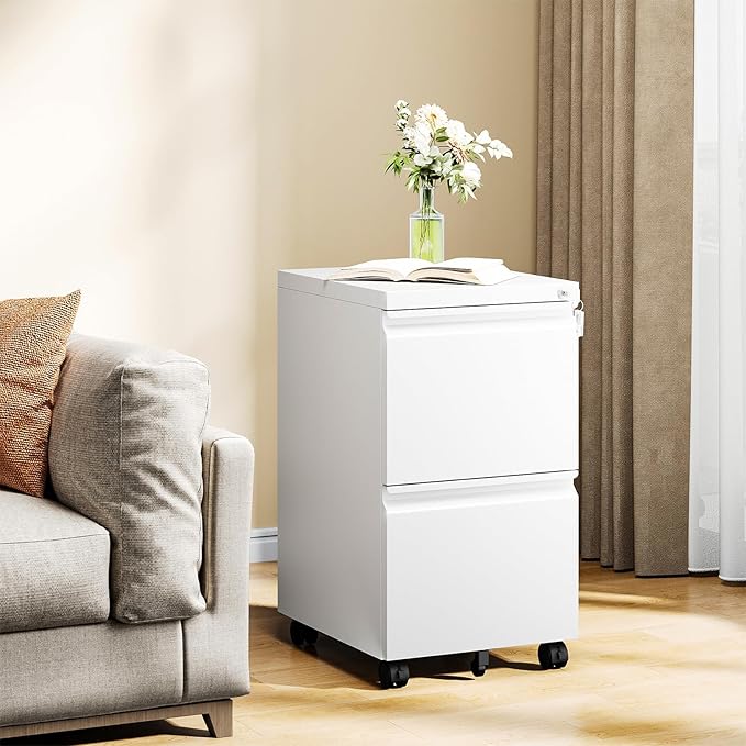 MIIIKO 2 Drawer File Cabinet on Wheels, Home Office Mobile File Drawers Under Desk, Filing Cabinets with Drawers for Legal/Letter/A4 File Folders(White),Un-Assembled