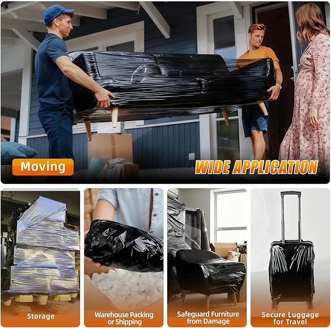 BETU Plastic Wrap Stretch Film for Moving Supplies 15inch X 1000ft, Shrink Wrap Stretch Roll Industrial for Furniture Wrapping Shipping Pallet Moving Boxes Storage with Handles, 4 Pack, Black
