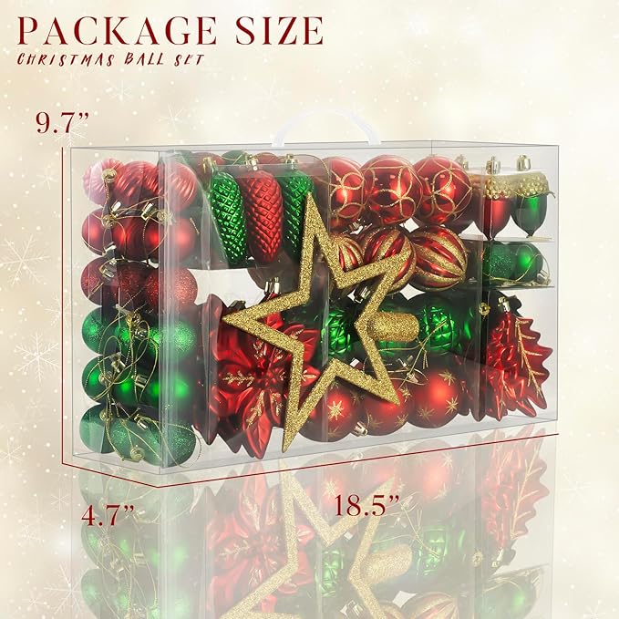 LARAINE Christmas Balls Ornaments 106 Pcs Decorations for Christmas Tree, Shatterproof Hanging Ball Variety Gift Set of Holiday Party Wedding Decoration (Red&Green)