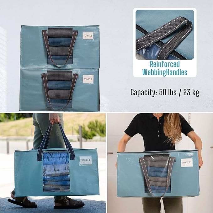 VENO 8 Pack Moving Bags, Comforter and Blanket Storage Bags for Closet, Moving Boxes, Boxes with Lids Alternative, College Dorm Packing Supplies, Foldable Heavy-Duty Tote (Shiny Light Blue, 8 Pack)