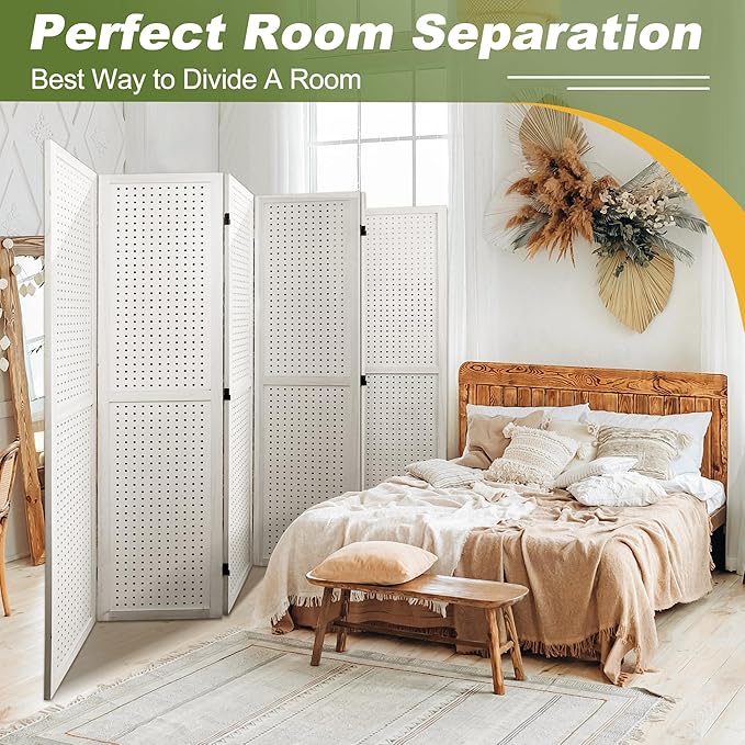 NicBex 6 Panel Pegboard Display,5.6FT Wood PegBoard Room Dividers,Folding Privacy Screens Portable Freestanding Display Board for Craft/Art Shows,Room Separation,White