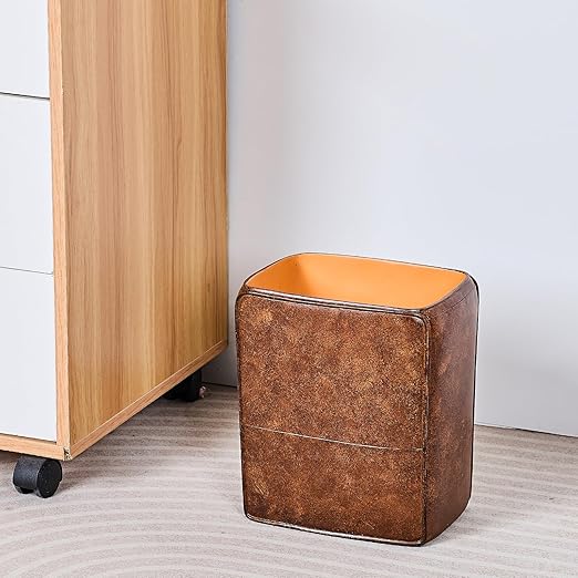 Polytree Rustic Leather Bathroom Trash Can 1.8 Gallon(7 Liter) Small Kitchen Garbage Can,Living Room Bedroom Trash Can, Decor Wastebasket for Home Office (Retro Brown)