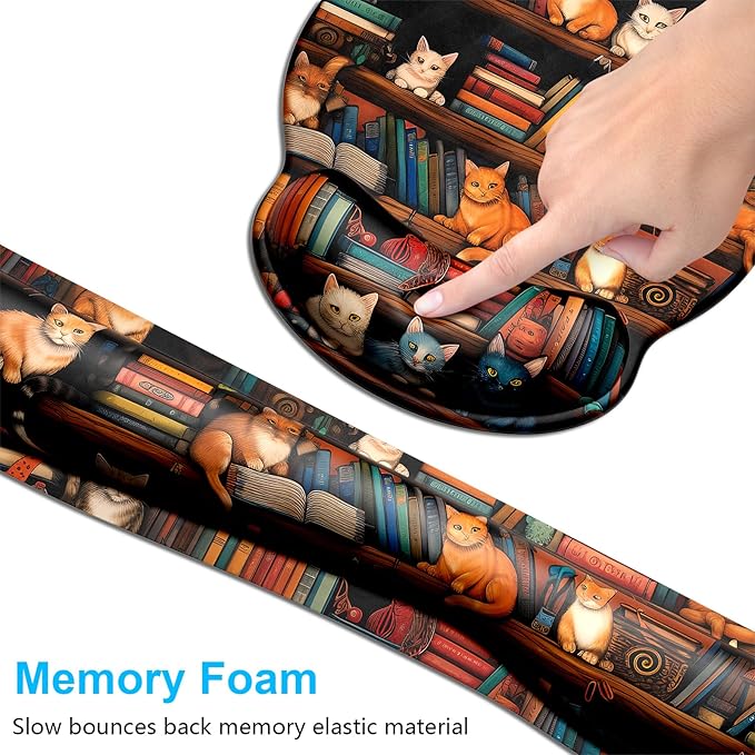 Dapesuom Keyboard Wrist Rest and Mouse Pad with Wrist Support, Cute Memory Foam Cushion for Keyboard and Mouse Set, Ergonomic Pad Rests with Non Slip Base for Easy Typing & Pain Relief, Library Cats