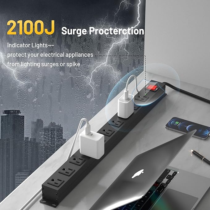 KF 10 Outlet Long Power Strip, Heavy Duty Surge Protector with 2100J, 15A/1875W Wall Mount Power Strip with Upgraded Switch, 6FT Extension Cord, Black