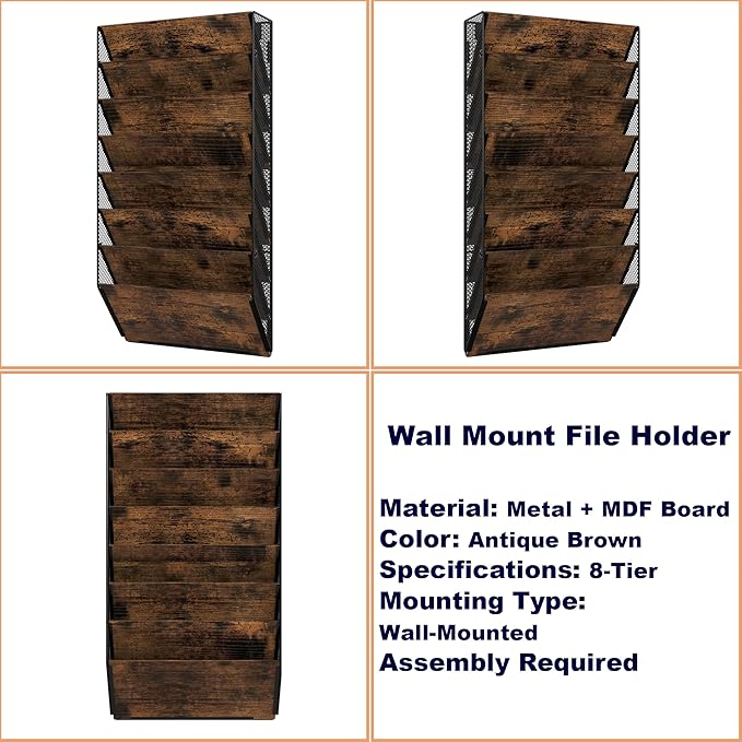 Metal Wall File Folder Organizer, 8-Tier Mesh Hanging Wall File Organizer, Magazine Rack With Pockets, Wood Document Holder for Office Home, Brown