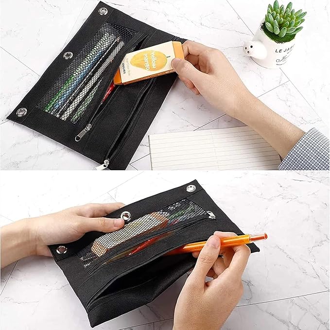 Pencil Pouch, 3 Ring Binder Pencil Bag with Large Capacity, Zipper Pulls Double Pockets Pencil Case with 3 Binder Hole and Mesh Window (Light Blue and Green)