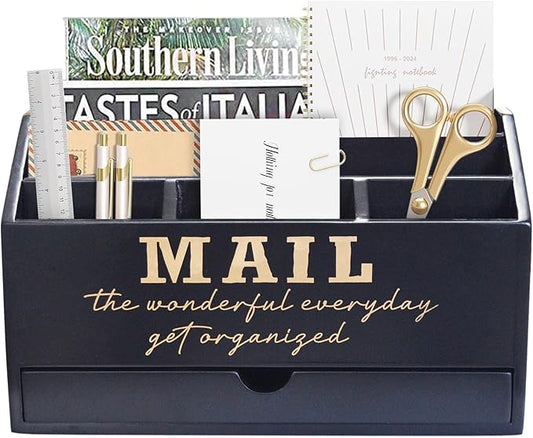 Wooden Black Rustic Countertop Mail Storage Holder with Drawer and Compartments - Office Desk Accessories and Workspace Organizers - Desktop Sorter for Pen Stationery Letter Files Documents