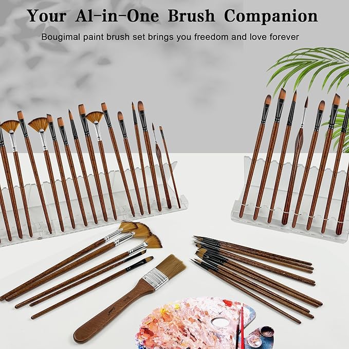 Bougimal 32 Pieces Paint Brush Set, Back to School Supply, Nylon Bristles with Round, Filbert, Flat, Fan, Angle, Fine Detail Brush, Suitable for Acrylic Painting, Oil, Watercolor(Birch Wood Handle)