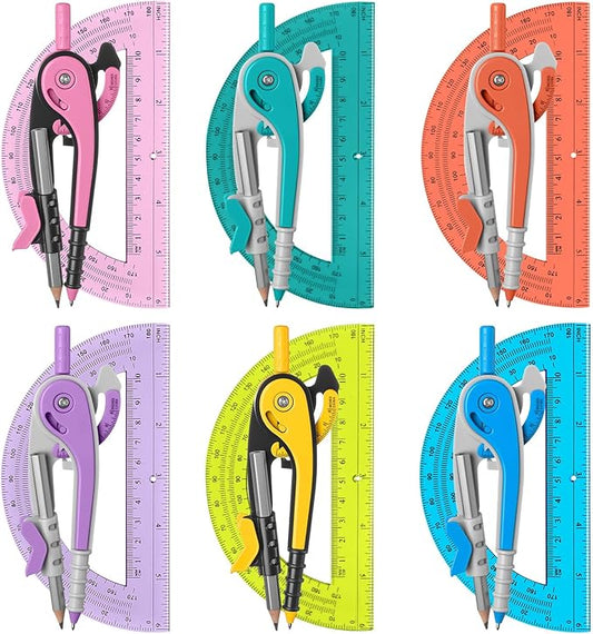Chengu 6 Set Compass and Protractor Set, Multicolor Compass Geometry Tool 6 Inch 180 Degree Translucent Protractors for Geometry, Math Graphing Drawing Tools for Office and School Supplies