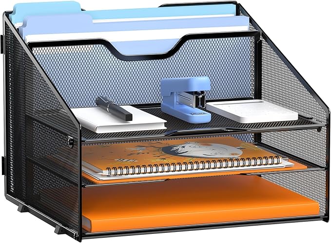 Letter Tray Organizer, Mesh Desk File Organizer with 3 Paper Trays and 2 Vertical Upright Section, Blank