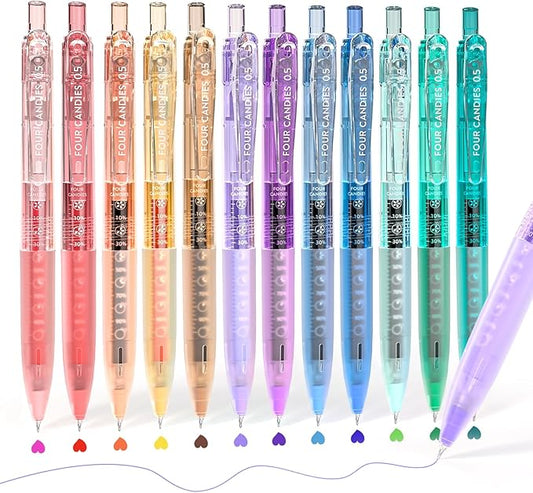 Four Candies 12Pack 0.5mm Quick Dry Retractable Gel Pen Set, Cute Transparent Fine Point Multicolor Note Taking Aesthetic lnk Pens, Comfort Grip 12 Ink Colors Drawing Writing School Office Home