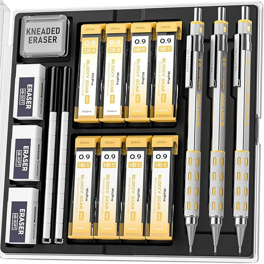 Nicpro Blocky Gear 0.9 mm Mechanical Pencils Set in Case, 3 Pack Metal Pencil 8 Tube with Lead Refills 0.9mm (HB 2B), 3 Erasers for Professional & Adult Art Writing Drafting Drawing