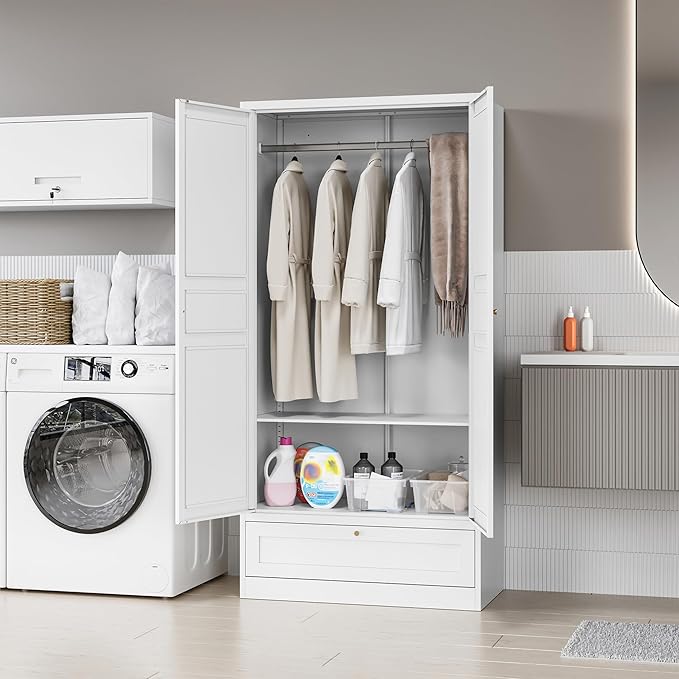 MIIIKO Wardrobe Closet with Drawer, 2 Doors Clothes Cabinet, 72" Metal Storage Cabinets with Hanging Rod, Bedroom Armoires Laundry Room and Office Clothes Storage Organizer Cabinets