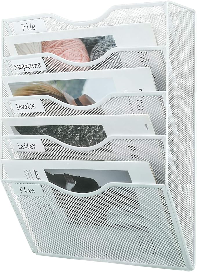 PAG Hanging Wall File Holder Mail Organizer Wall Mount Document Letter Rack, 5-Tier, White