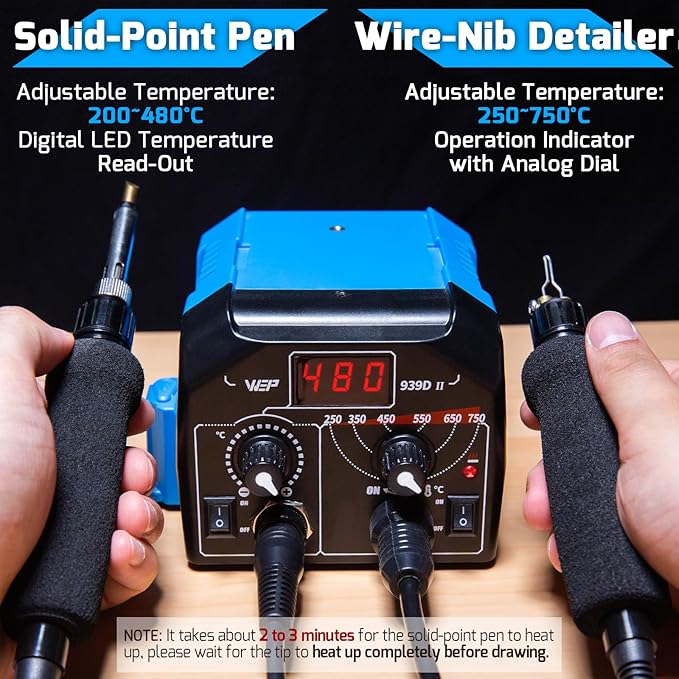 WEP 939D-II 2-IN-1 Wood Burning Kit 86-IN-1 with 51 Solid Points and 20 Wire Nibs Wood Burner with 2 Letter Number Stencils, 2 Unfinished Wood, 1 Pen Holder, Burning Tool