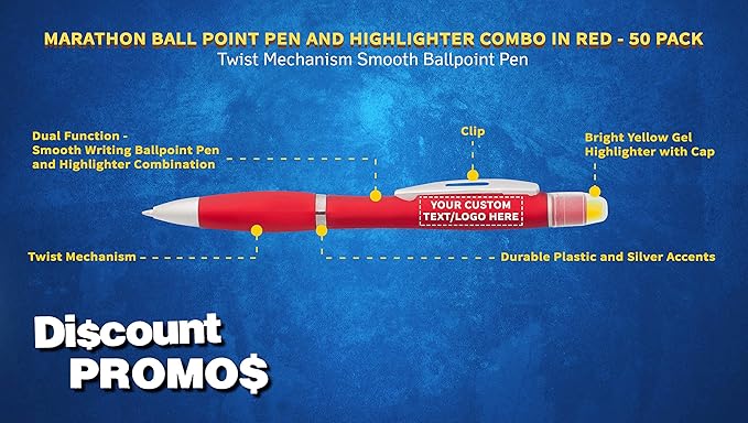 DISCOUNT PROMOS 50 Marathon Gel Highlighter Pens Pack - Customizable Text, Logo - Twist Mechanism, Ballpoint - Red