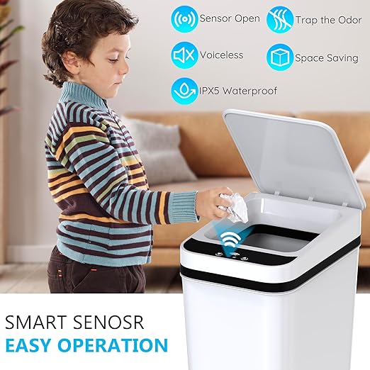 3Pack Bathroom Small Trash Can with Lid, 2.6 Gallon Touchless Automatic Garbage Can Slim Waterproof Motion Sensor Smart Trash Bin for Bedroom, Office, Living Room-White