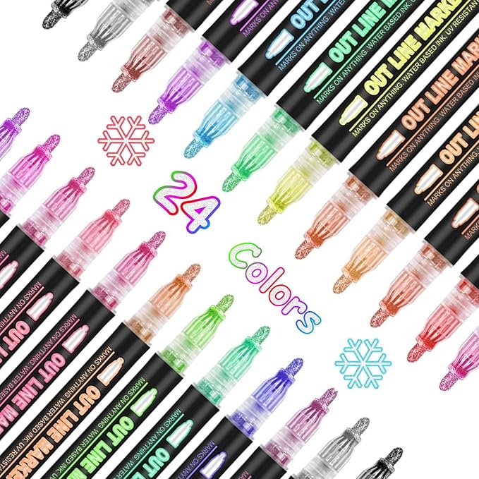 Shimmer Markers Double Line Outline Markers, 24 Color Squiggles Set for Drawing, Art School Supplies, Cards Lettering, Gift for 4-12 Year Old Girl