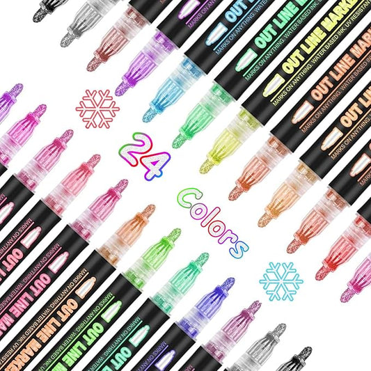 Shimmer Markers Double Line Outline Markers, 24 Color Squiggles Set for Drawing, Art School Supplies, Cards Lettering, Gift for 4-12 Year Old Girl