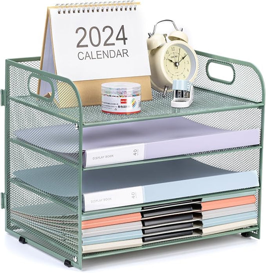 Green Mesh Letter Tray Paper Organizer with Handle - 4-Tier Desk Organizer for Office Supplies
