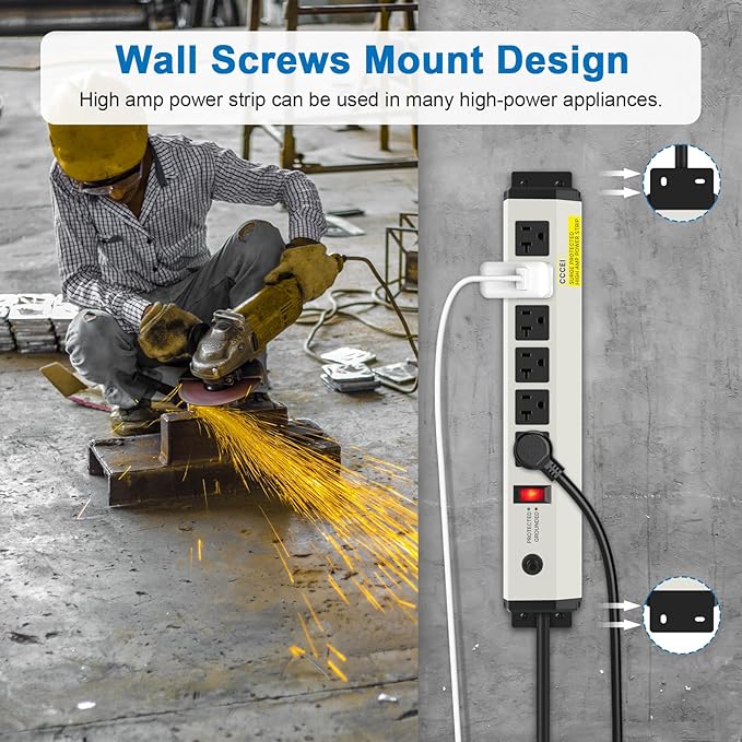 CCCEI 12 Gauge Heavy Duty Power Strip Surge Protector 4800J, 20 Amp 6 Plug Industrial Shop Garage Metal Multiple Outlets, 4 FT Extension Cord 5-15P Adapter High Amp 6-20R T-Slot 20a for Appliance.