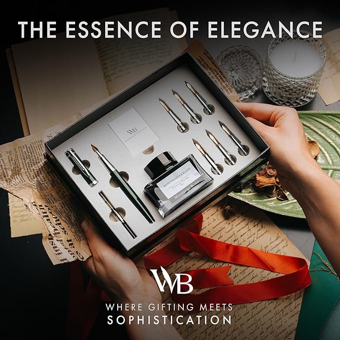 Wordsworth & Black Calligraphy Pen Gift Set, Includes Bottle, 6 Cartridges, Refill Converter, 6 Replacement Nibs, Premium Package, Journaling, Smooth Writing Pens [Green Chrome]