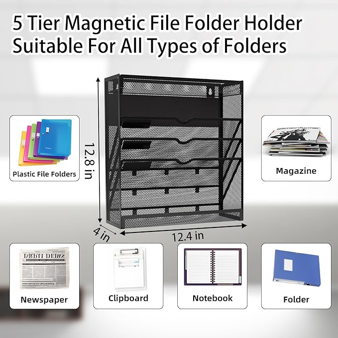 5 Tier Magnetic File Holder, No Drilling Wall File Organizer, Magazine Paper Mail Document Holder/Magnetic Hanging File Organizer for File Cabinets,Whiteboard refrigerator,Office,Classroom(Black)