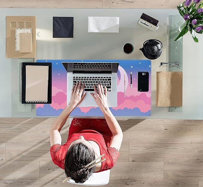 Cute Clouds Desk Mat Kawaii Desk Pad Gaming Mouse Pad Large Blue Sky Deskmat XXL Mousepad, Pink Purple Keyboard Mouse Mat Computer Mat for Desk, Kawaii Desk Decor for Women Girls 31.5X15.75 in