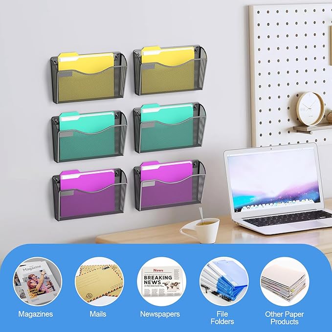 samstar 6 Pack Magnetic File Holder, Mesh Wall File Organizer File Pocket Mail Organizer Paper Folder Holder for Office/Home, No Drilling(Magnetic)