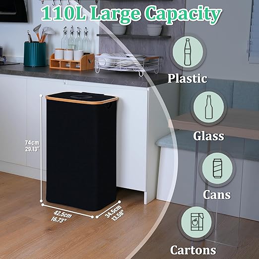 29 Gallons Recycling Bins for Kitchen, Indoor Recycle Bins with Lid, 110L Large Recycle bin with 2 Removeable Reusable Inner Bags, for Bottles Cans Glass Plastice Cartons(Black)