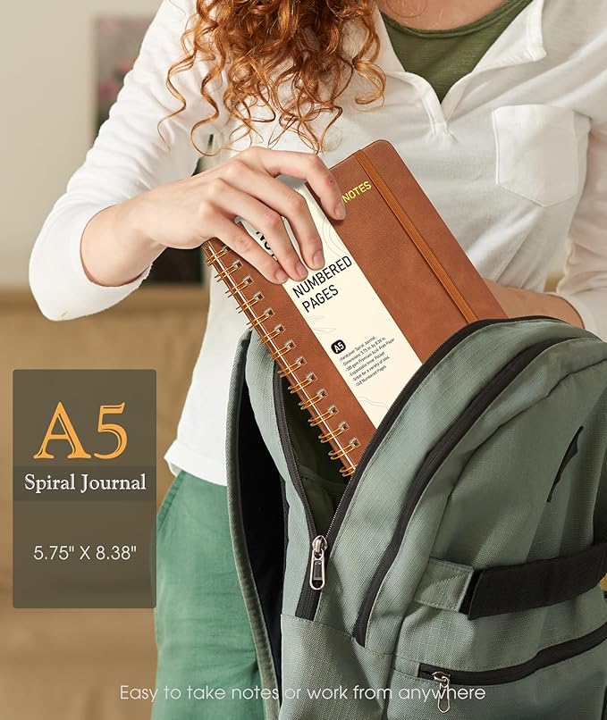 Lined Spiral Journal Notebook, A5 Hardcover Spiral Journals for Women Men, 150 Numbered Pages Spiral Bound Notebook, 100 GSM College Ruled Notebooks for Writing Note Taking 5.75" x 8.38", Brown