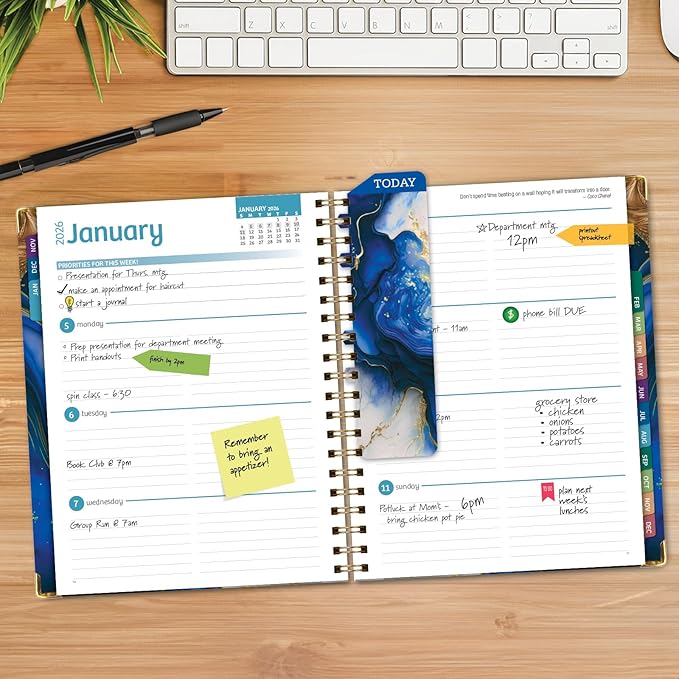 HARDCOVER 2026 Planner, 8.5"x11": 14 Months (November 2025 - December 2026), Daily Weekly Monthly Planner, Yearly Agenda, Bookmark, Pocket Folder and Sticky Note Set (Dark Blue Marble)