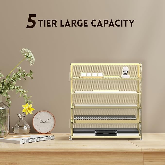 Supeasy 5 Trays Paper Organizer Letter Tray with Handle-Mesh Desk File Organizer, Paper Sorter Desk Organizer for Office, Home or School (Golden)